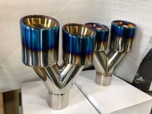 quad blue burnt exhaust tips with polished finish