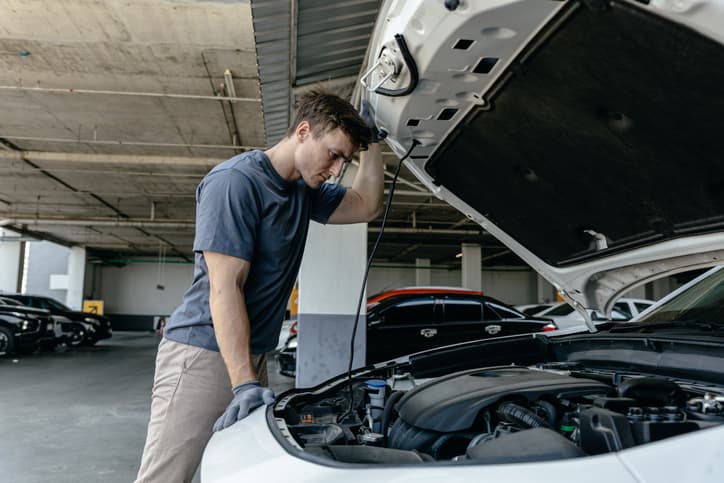 Man inspecting a car engine under an open hood in a parking garage