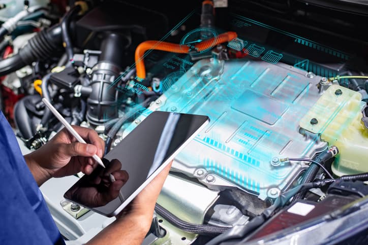 Technician using a tablet to diagnose an electric vehicle battery system